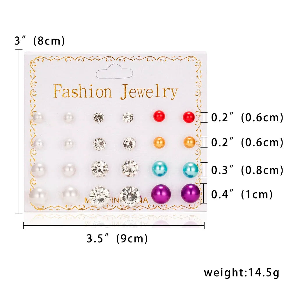 12 Pairs/set Classic Crystal Stud Earring Sets Women's Round Ball Metal Pearl Flower Earrings For Women Girl Gift Mixed Jewelry