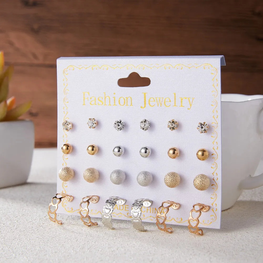 12 Pairs/set Classic Crystal Stud Earring Sets Women's Round Ball Metal Pearl Flower Earrings For Women Girl Gift Mixed Jewelry