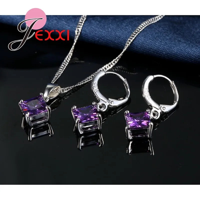 8 Colors 925 Sterling Silver Women Wedding Beautiful Pendant Necklace Earrings Set Clearly Square Crystal Jewelry Sets