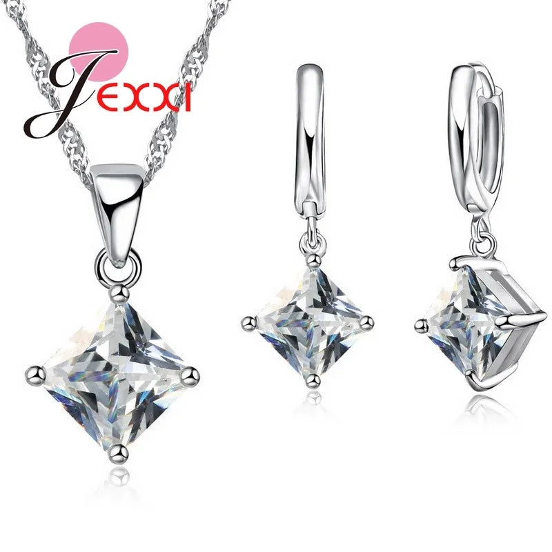 8 Colors 925 Sterling Silver Women Wedding Beautiful Pendant Necklace Earrings Set Clearly Square Crystal Jewelry Sets