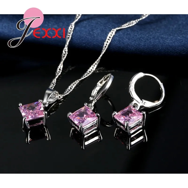 8 Colors 925 Sterling Silver Women Wedding Beautiful Pendant Necklace Earrings Set Clearly Square Crystal Jewelry Sets