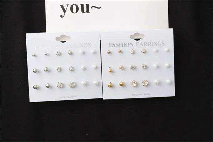 Fashion 9 Pcs/Set Round Square Crystal Gold Color Stud Earrings Simulated Pearl Ball Silver Color Earring Set For Women Jewelry