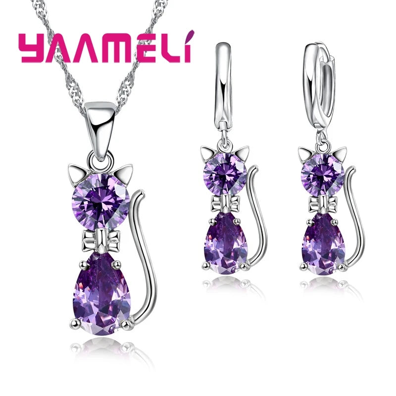 Real 925 Sterling Silver Jewelry Sets for Woman Girls Shining 7 Colors Austrian Crystal Cute Cat Pendant Necklace Huggie Earring