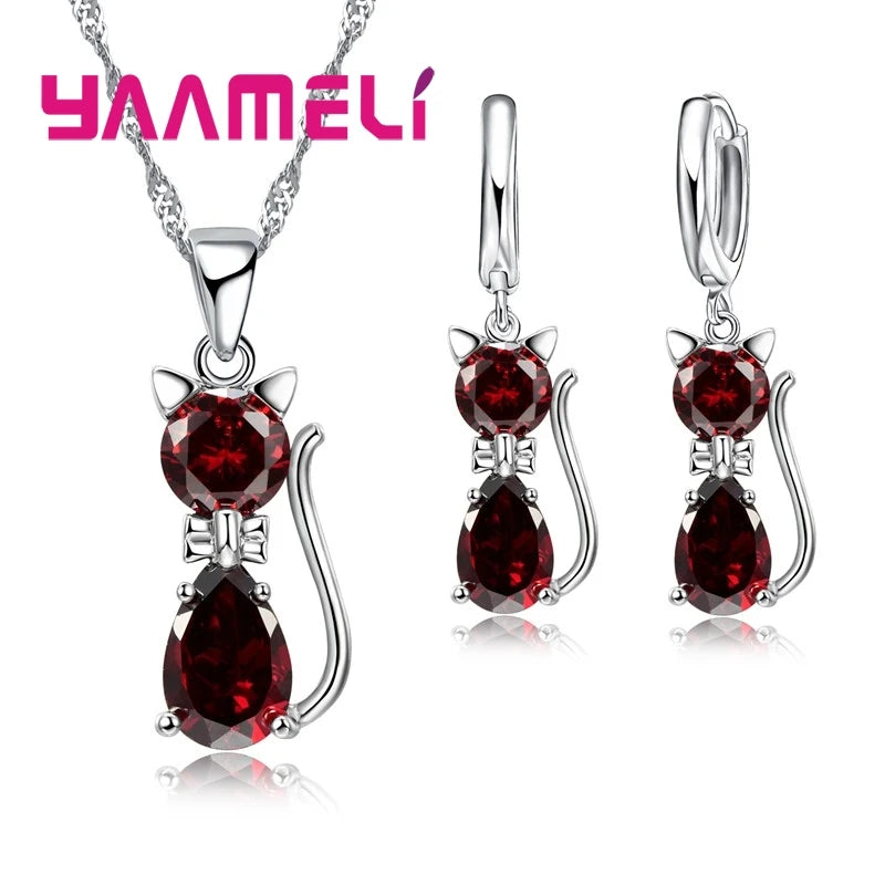 Real 925 Sterling Silver Jewelry Sets for Woman Girls Shining 7 Colors Austrian Crystal Cute Cat Pendant Necklace Huggie Earring