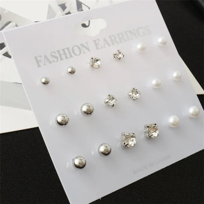 Fashion 9 Pcs/Set Round Square Crystal Gold Color Stud Earrings Simulated Pearl Ball Silver Color Earring Set For Women Jewelry