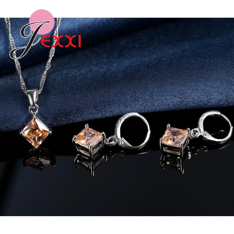 8 Colors 925 Sterling Silver Women Wedding Beautiful Pendant Necklace Earrings Set Clearly Square Crystal Jewelry Sets