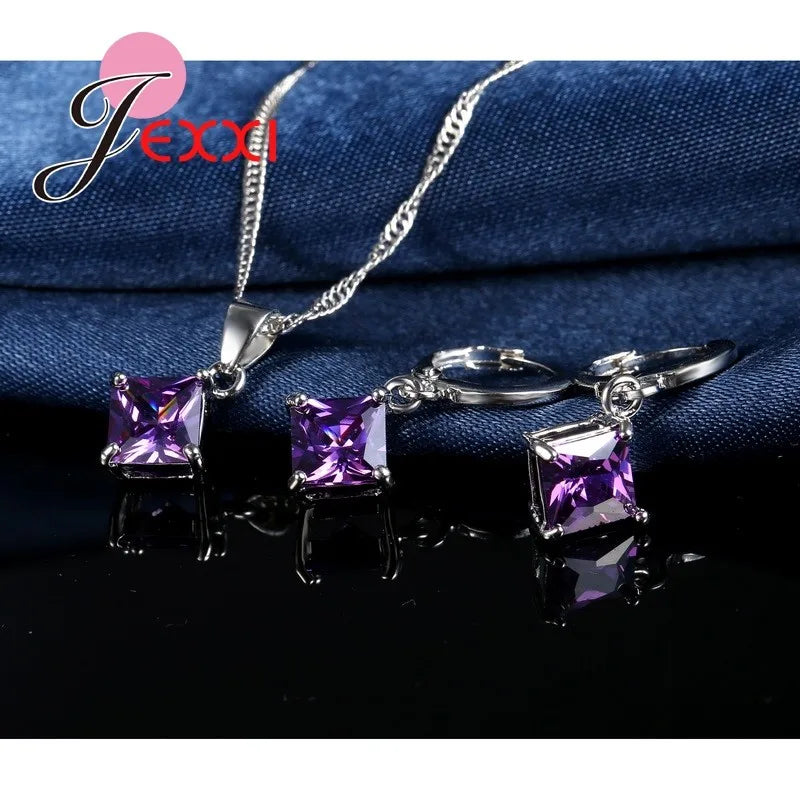 8 Colors 925 Sterling Silver Women Wedding Beautiful Pendant Necklace Earrings Set Clearly Square Crystal Jewelry Sets