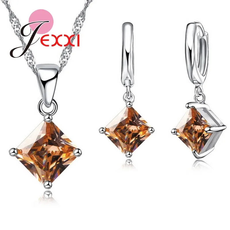 8 Colors 925 Sterling Silver Women Wedding Beautiful Pendant Necklace Earrings Set Clearly Square Crystal Jewelry Sets