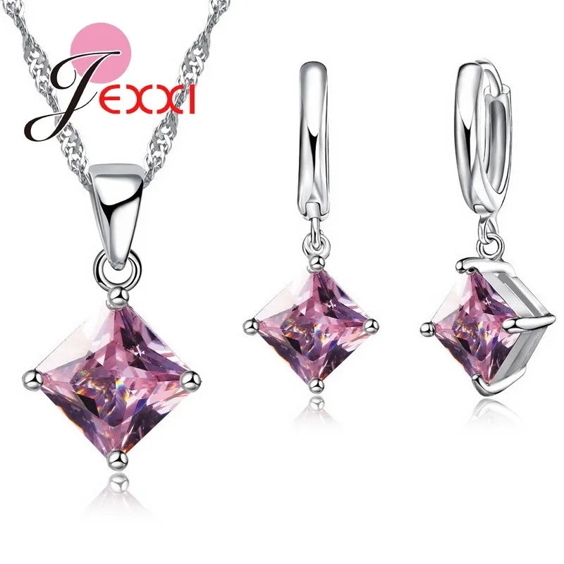 8 Colors 925 Sterling Silver Women Wedding Beautiful Pendant Necklace Earrings Set Clearly Square Crystal Jewelry Sets