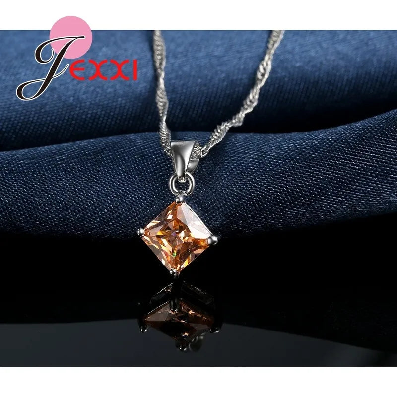 8 Colors 925 Sterling Silver Women Wedding Beautiful Pendant Necklace Earrings Set Clearly Square Crystal Jewelry Sets