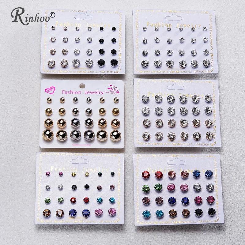 Rinhoo 12pairs Crystal Simulated Pearl Earrings Sets For Women Colorful Round Ear Stud Earrings Wedding Jewelry Box Earrings