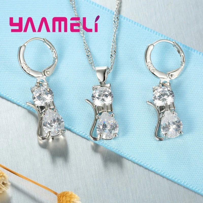 Real 925 Sterling Silver Jewelry Sets for Woman Girls Shining 7 Colors Austrian Crystal Cute Cat Pendant Necklace Huggie Earring