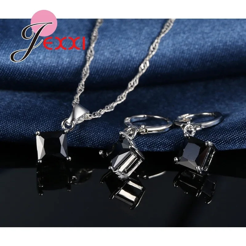 8 Colors 925 Sterling Silver Women Wedding Beautiful Pendant Necklace Earrings Set Clearly Square Crystal Jewelry Sets