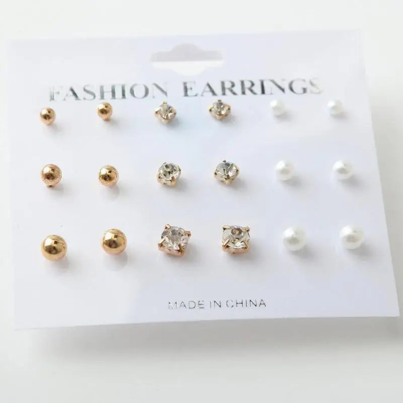 2017 New Simple Fashion Wild Rhinestones Pearl 9 Sets Of Ear Studs Earrings For Women Stud Earrings Pendientes Mujer Moda