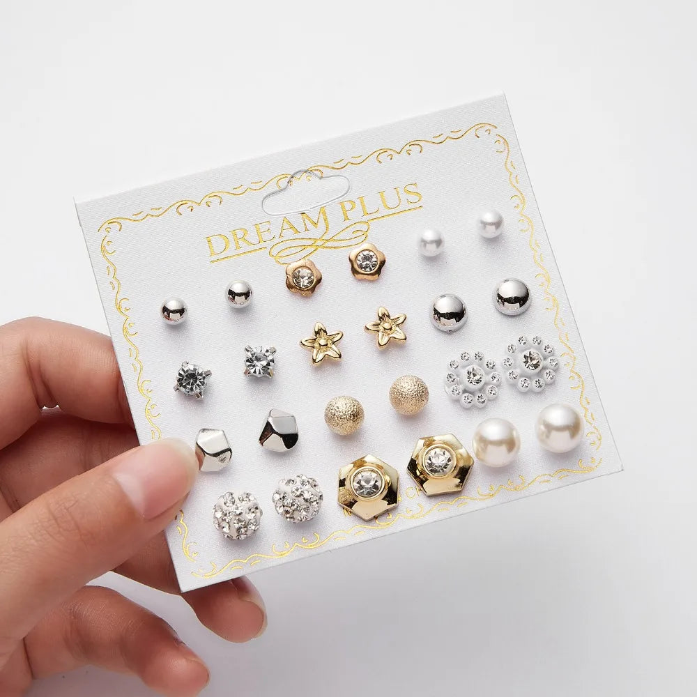 12 Pairs/set Classic Crystal Stud Earring Sets Women's Round Ball Metal Pearl Flower Earrings For Women Girl Gift Mixed Jewelry