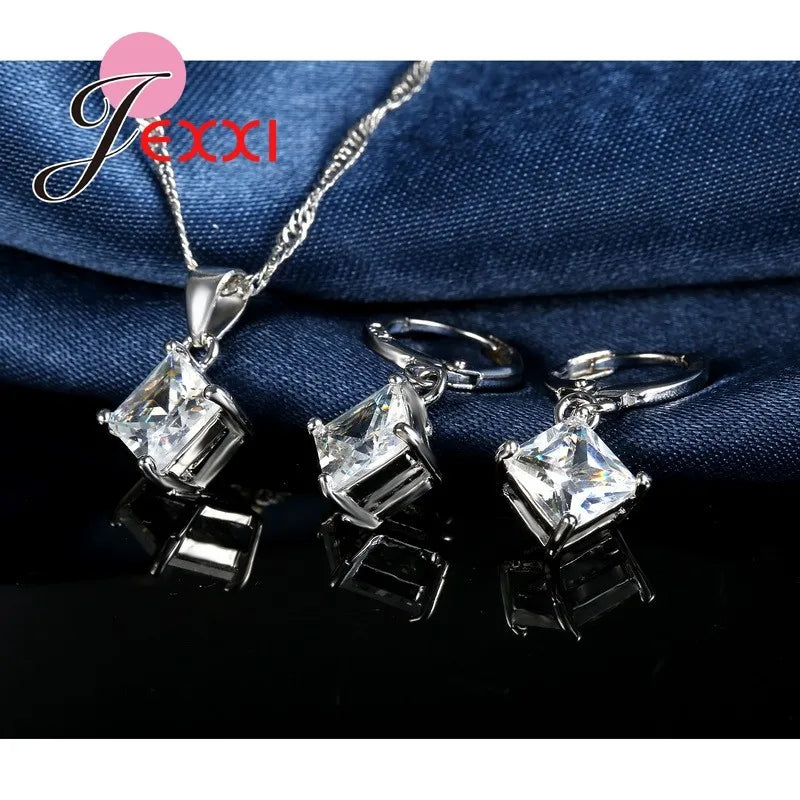 8 Colors 925 Sterling Silver Women Wedding Beautiful Pendant Necklace Earrings Set Clearly Square Crystal Jewelry Sets