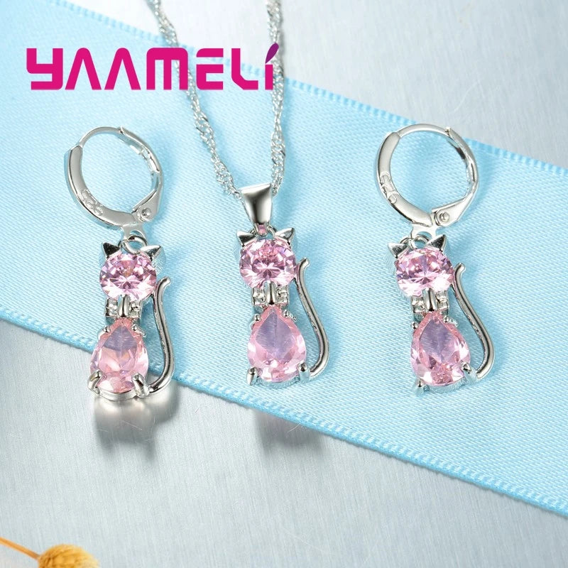 Real 925 Sterling Silver Jewelry Sets for Woman Girls Shining 7 Colors Austrian Crystal Cute Cat Pendant Necklace Huggie Earring