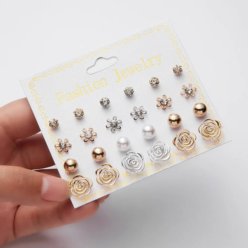 12 Pairs/set Classic Crystal Stud Earring Sets Women's Round Ball Metal Pearl Flower Earrings For Women Girl Gift Mixed Jewelry