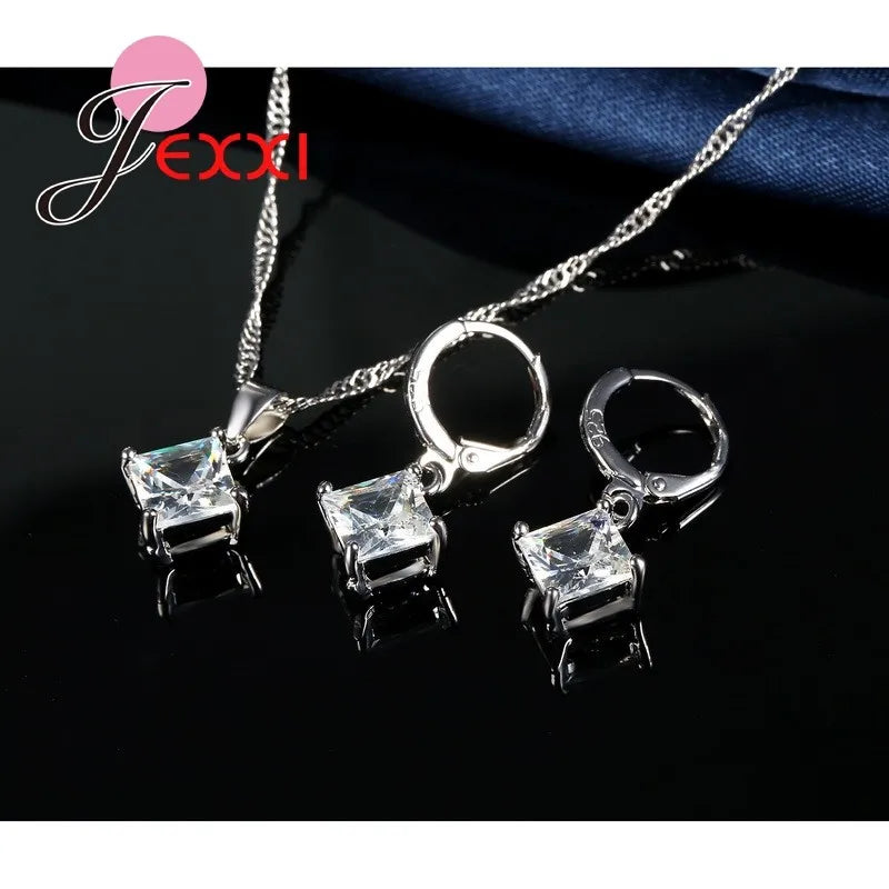 8 Colors 925 Sterling Silver Women Wedding Beautiful Pendant Necklace Earrings Set Clearly Square Crystal Jewelry Sets