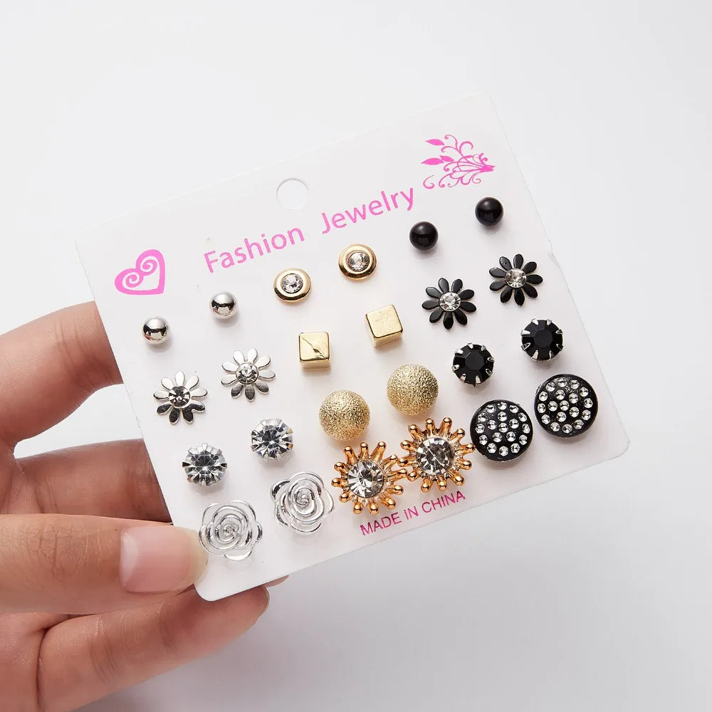 12 Pairs/set Classic Crystal Stud Earring Sets Women's Round Ball Metal Pearl Flower Earrings For Women Girl Gift Mixed Jewelry