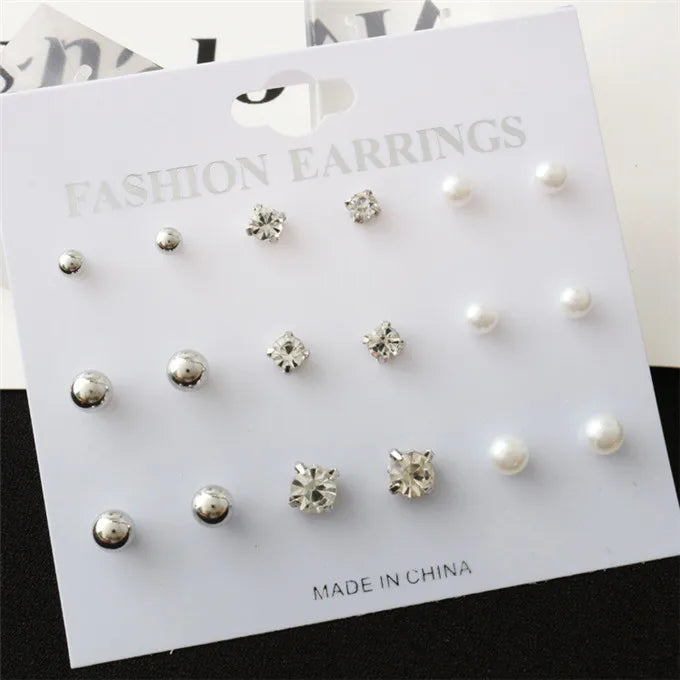 Fashion 9 Pcs/Set Round Square Crystal Gold Color Stud Earrings Simulated Pearl Ball Silver Color Earring Set For Women Jewelry