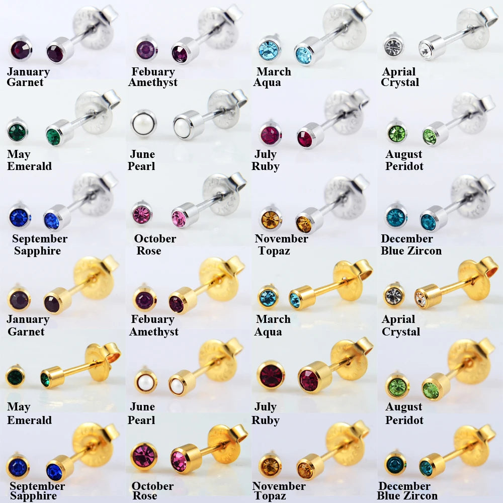 Pair 24K Gold Plating&steel Birthstone Zircon Ear Studs CZ Gem Earrings For Piercing Gun Ear Tragus Cartilage piercing jewelry