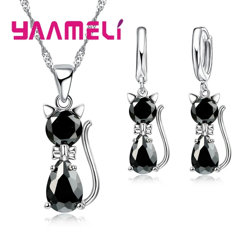 Real 925 Sterling Silver Jewelry Sets for Woman Girls Shining 7 Colors Austrian Crystal Cute Cat Pendant Necklace Huggie Earring