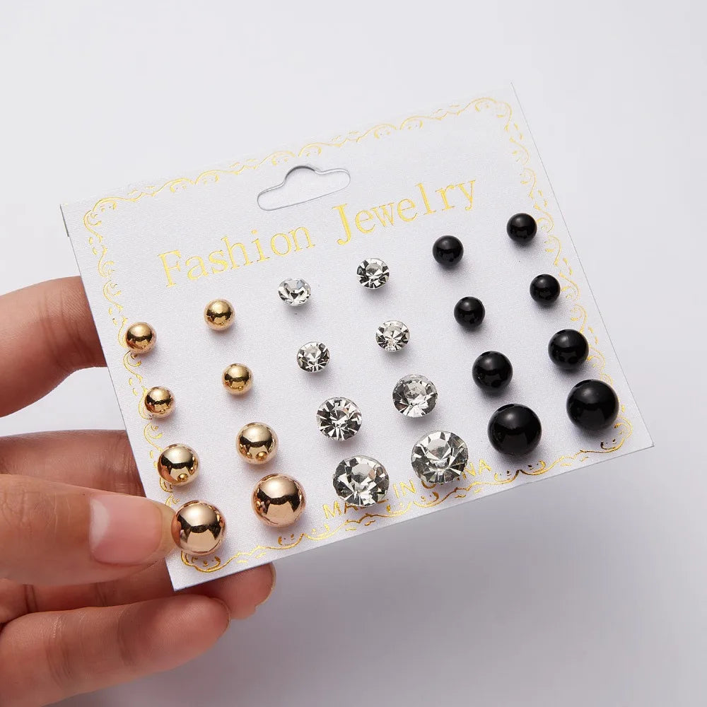 12 Pairs/set Classic Crystal Stud Earring Sets Women's Round Ball Metal Pearl Flower Earrings For Women Girl Gift Mixed Jewelry