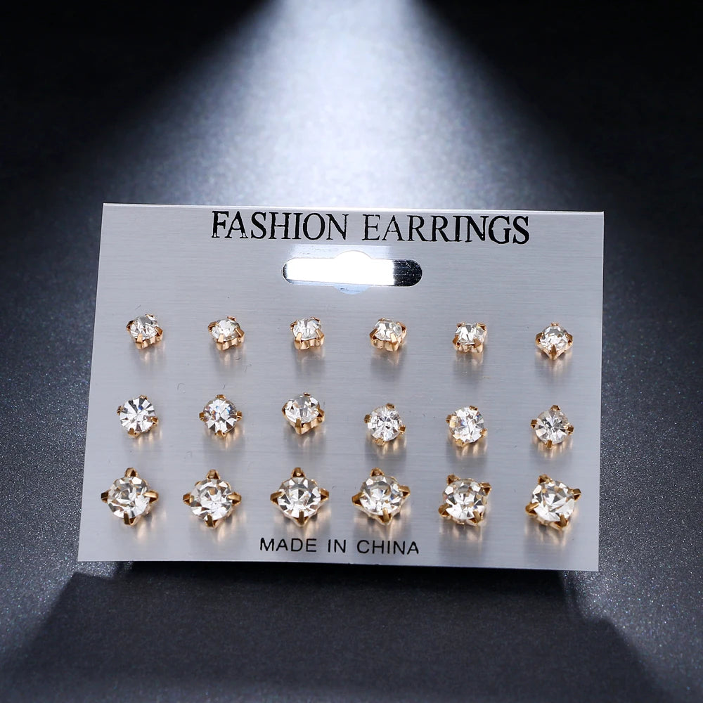 ALIUTOM 9 Pairs/set Mix Design Square Crystal Stud Earrings Piercing Gold Color Silver Color Earrings For Women Bijoux Jewelry