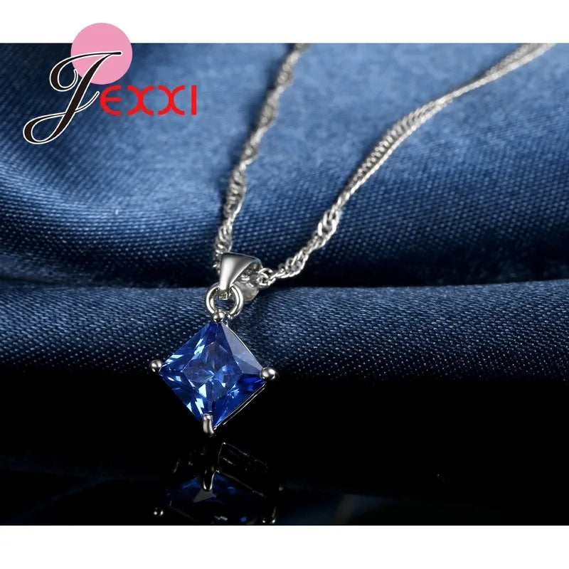 8 Colors 925 Sterling Silver Women Wedding Beautiful Pendant Necklace Earrings Set Clearly Square Crystal Jewelry Sets