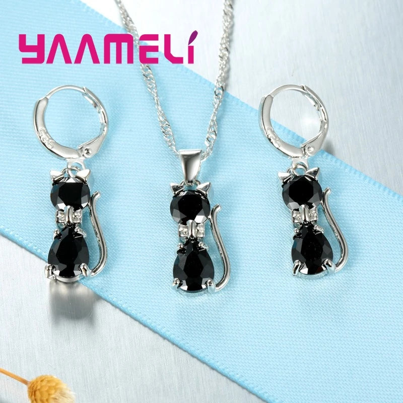 Real 925 Sterling Silver Jewelry Sets for Woman Girls Shining 7 Colors Austrian Crystal Cute Cat Pendant Necklace Huggie Earring