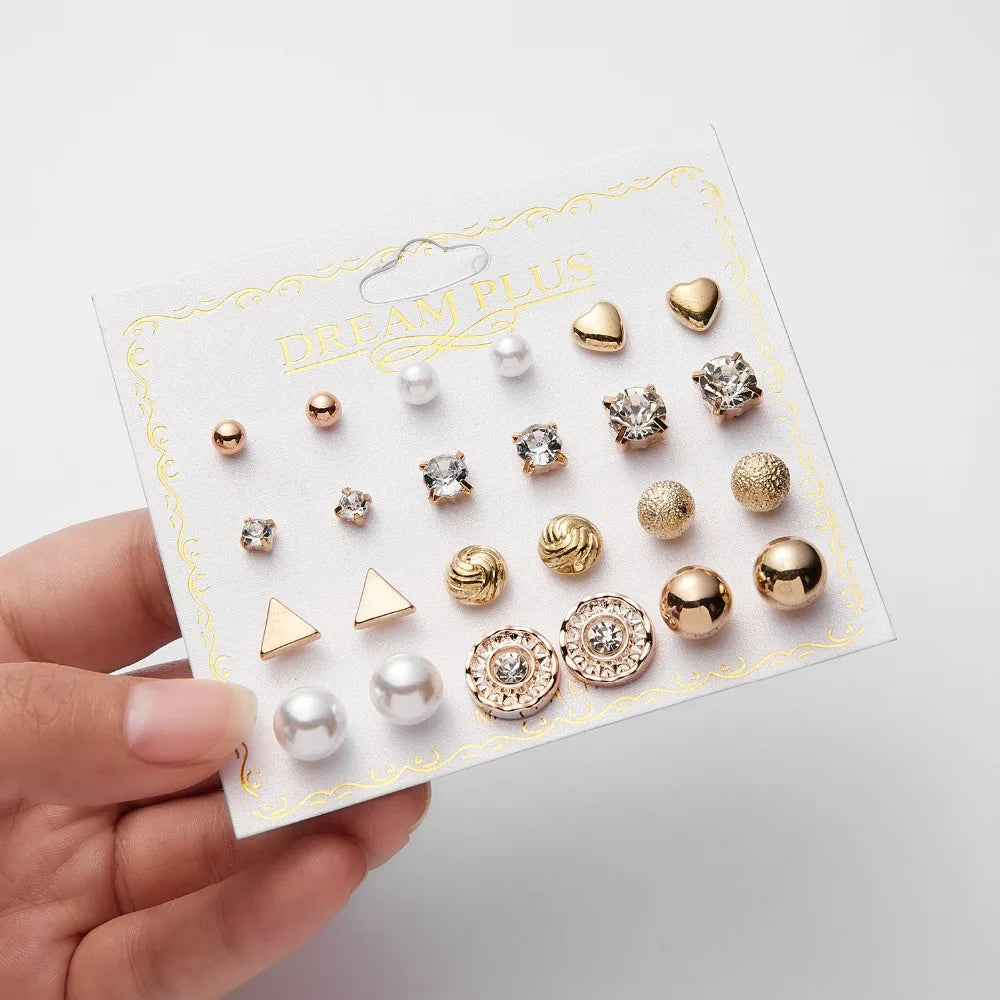 12 Pairs/set Classic Crystal Stud Earring Sets Women's Round Ball Metal Pearl Flower Earrings For Women Girl Gift Mixed Jewelry