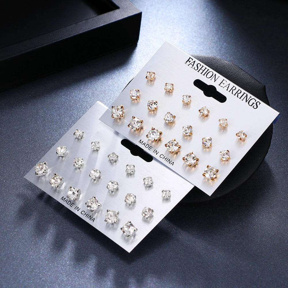 ALIUTOM 9 Pairs/set Mix Design Square Crystal Stud Earrings Piercing Gold Color Silver Color Earrings For Women Bijoux Jewelry