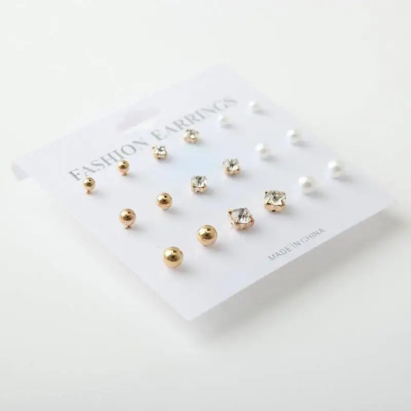 2017 New Simple Fashion Wild Rhinestones Pearl 9 Sets Of Ear Studs Earrings For Women Stud Earrings Pendientes Mujer Moda