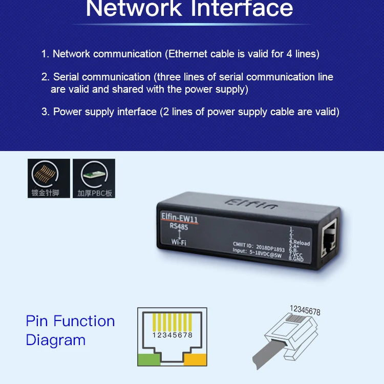 Serial Port RS485 to WiFi Serial Device Server Elfin-EW11 Support TCP/IP Telnet Modbus TCP Protocol IOT Data Transfer Converter