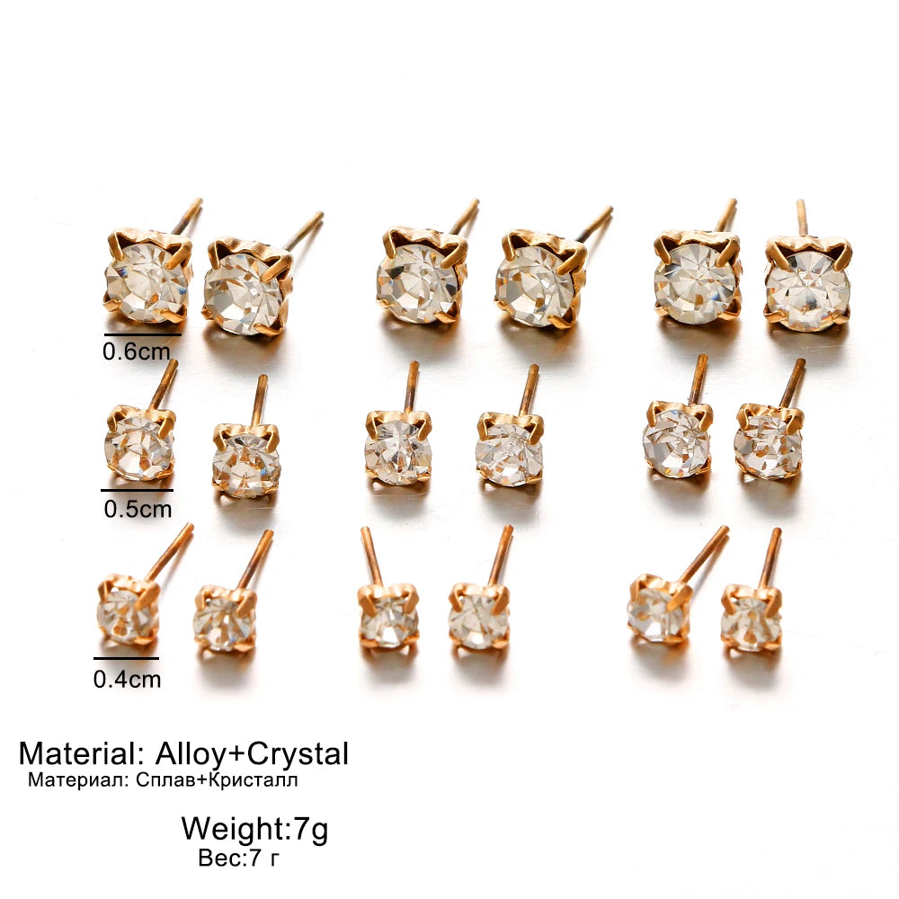 ALIUTOM 9 Pairs/set Mix Design Square Crystal Stud Earrings Piercing Gold Color Silver Color Earrings For Women Bijoux Jewelry