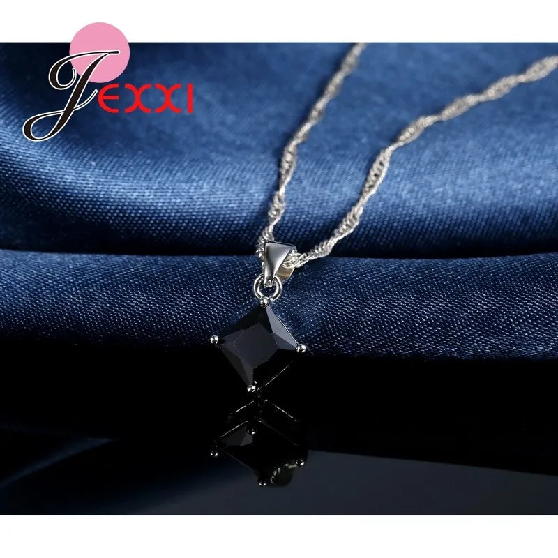 8 Colors 925 Sterling Silver Women Wedding Beautiful Pendant Necklace Earrings Set Clearly Square Crystal Jewelry Sets