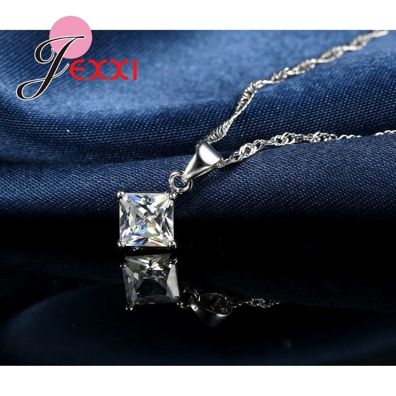 8 Colors 925 Sterling Silver Women Wedding Beautiful Pendant Necklace Earrings Set Clearly Square Crystal Jewelry Sets