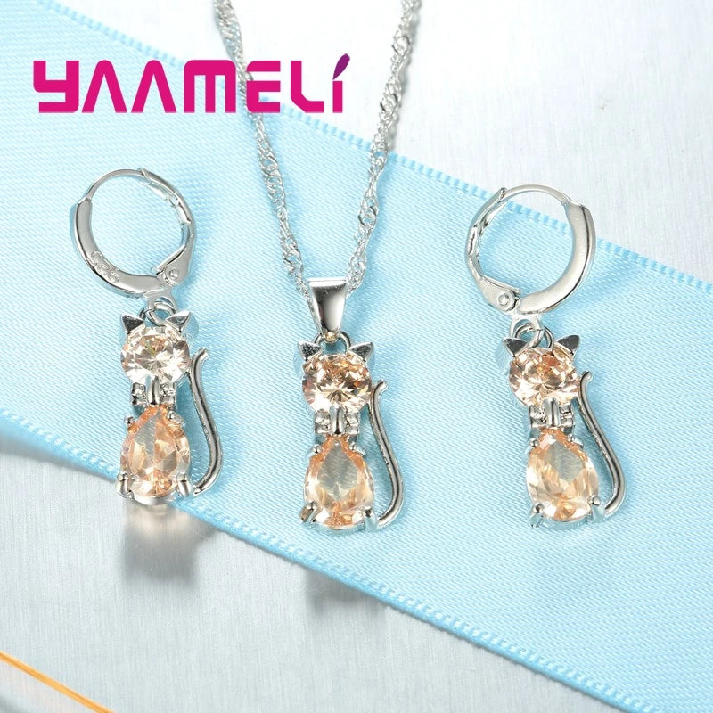 Real 925 Sterling Silver Jewelry Sets for Woman Girls Shining 7 Colors Austrian Crystal Cute Cat Pendant Necklace Huggie Earring