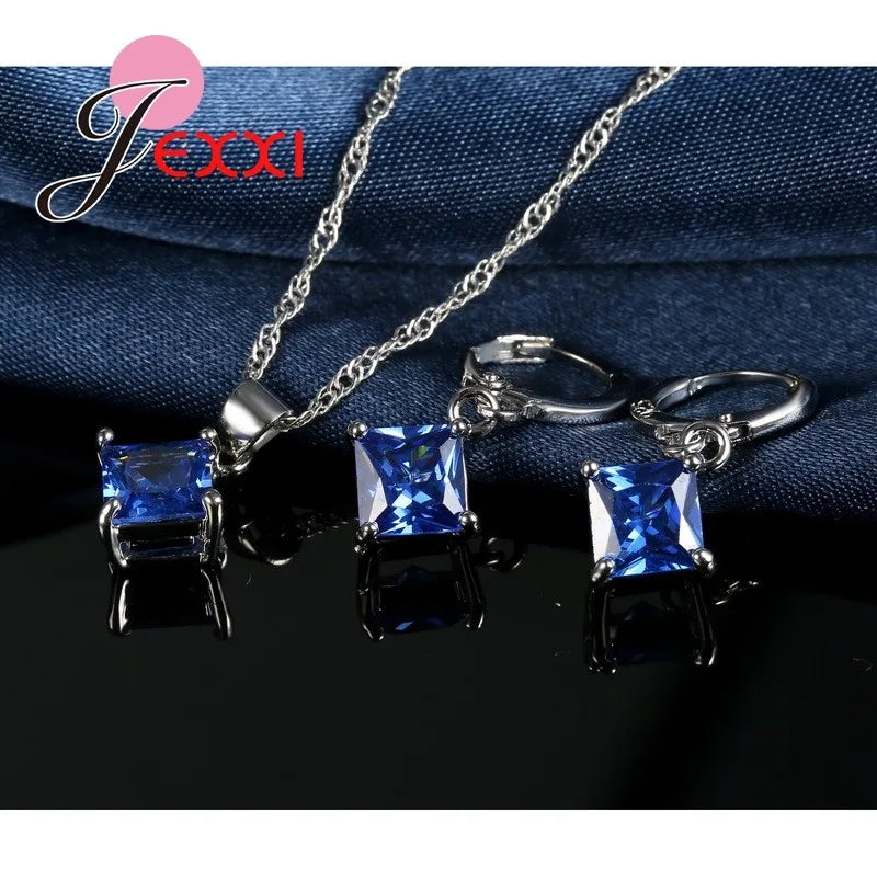 8 Colors 925 Sterling Silver Women Wedding Beautiful Pendant Necklace Earrings Set Clearly Square Crystal Jewelry Sets