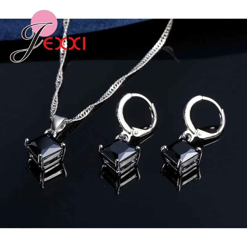 8 Colors 925 Sterling Silver Women Wedding Beautiful Pendant Necklace Earrings Set Clearly Square Crystal Jewelry Sets