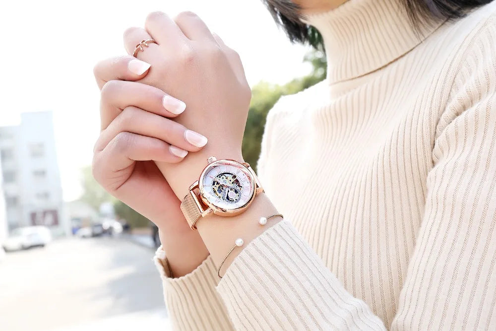 New Fashion Luxury Brand Skeleton Women Mechanical Watches Female Clock Automatic Self-Wind Wristwatches for Ladies Montre Femme