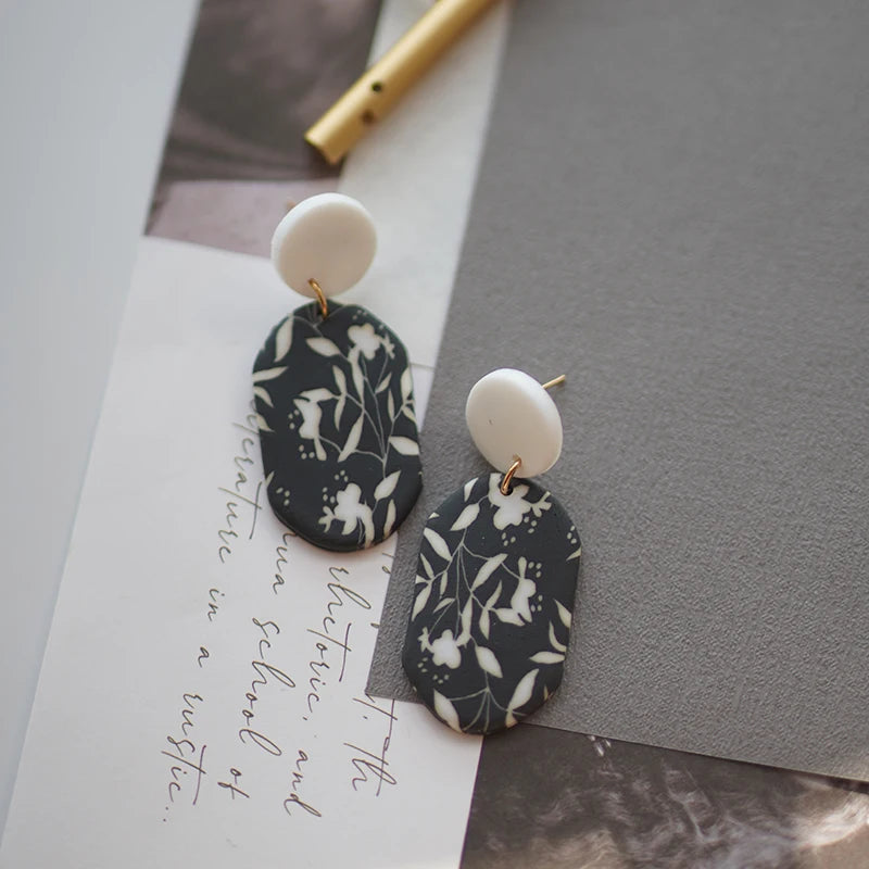 Black White Classic Floral Animal Pattern Elegant Big Multi Size Drop Long Dangle Unique Chandelier Polymer Clay Earrings Sets