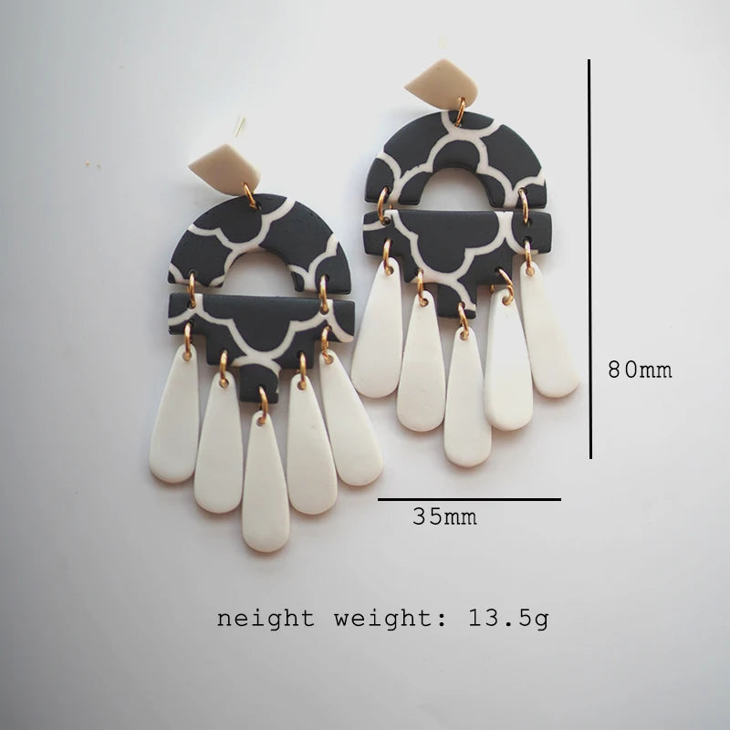 Black White Classic Floral Animal Pattern Elegant Big Multi Size Drop Long Dangle Unique Chandelier Polymer Clay Earrings Sets