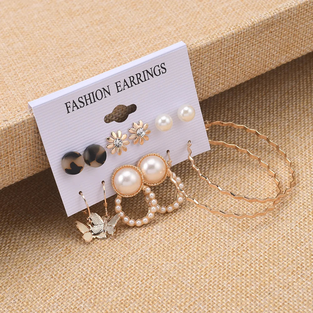 LATS Trendy Gold Color Butterfly Hoop Earrings Set for Women Snake Pearl Resin Hoop Earrings Cute Brincos Party Fashion Jewelry