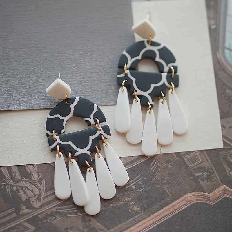 Black White Classic Floral Animal Pattern Elegant Big Multi Size Drop Long Dangle Unique Chandelier Polymer Clay Earrings Sets