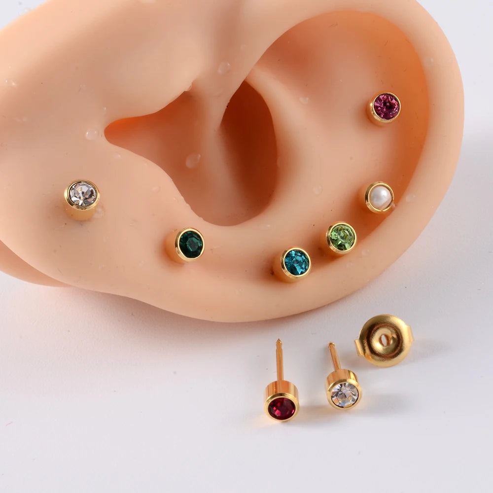 Pair 24K Gold Plating&steel Birthstone Zircon Ear Studs CZ Gem Earrings For Piercing Gun Ear Tragus Cartilage piercing jewelry