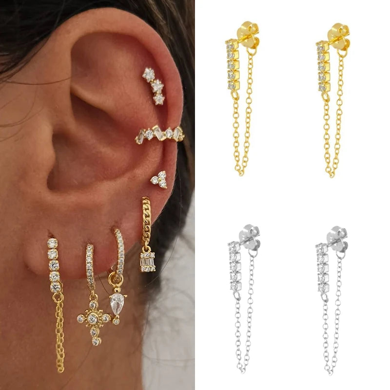 CRMYA Gold Silver Color Chain Stud Earrings For Women Flower Cross CZ Zircon Long Piercing Earring Ear Rings Jewelry Wholesale