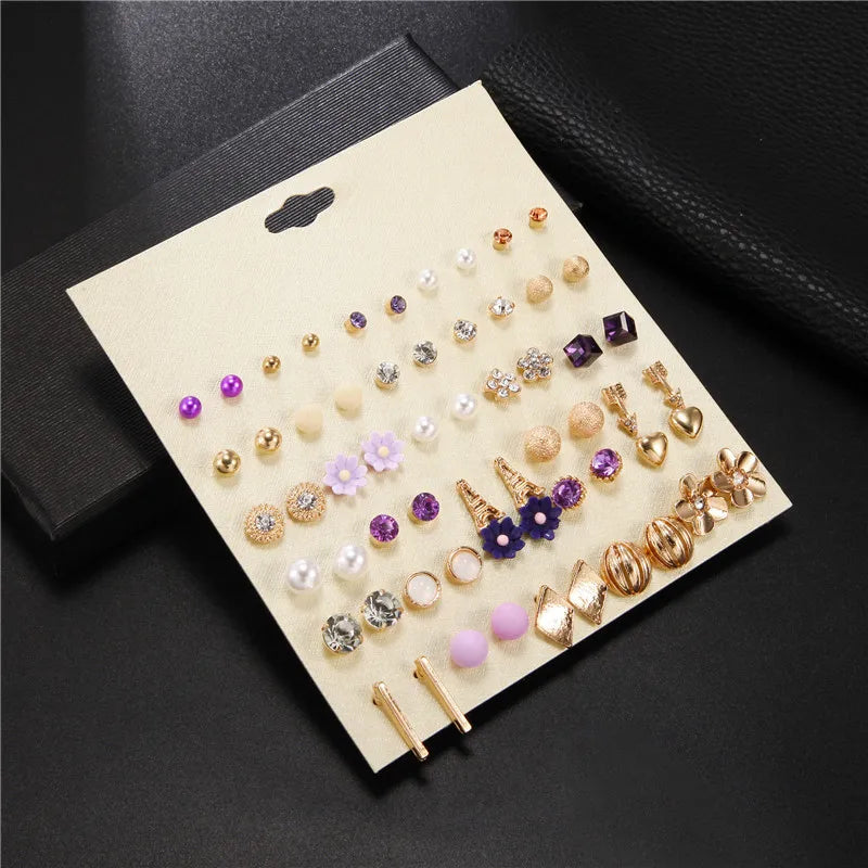 30Pairs/Sets Women Mixed Crystal Small Stud Earrings Sets Girl Heart Tower Flowers Arrow Pearl Beads Earring Sets Women Jewelry