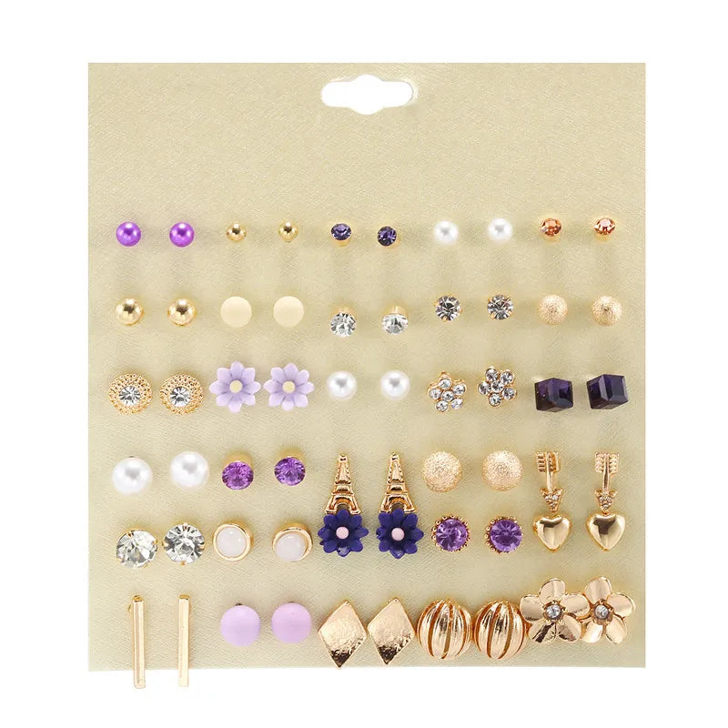 30Pairs/Sets Women Mixed Crystal Small Stud Earrings Sets Girl Heart Tower Flowers Arrow Pearl Beads Earring Sets Women Jewelry